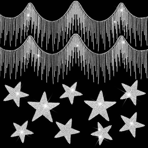 2 Yard Rhinestone Fringe Trims and 24 Pcs Self Adhesive Rhinestone Star Stickers Diamond Tassel Chain for DIY Clothing Accessories Jeans Bags Hats Repair Decoration in Saudi Arabia