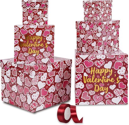 JWSCYSY 6PCS Valentine's Day Nesting Gift Boxes with Lid, Square Gift Boxes with Ribbon, Decorative Boxes Assorted Size for Valentine's Day Presents Wrapping, Party Favor Boxes (White) in Kuwait