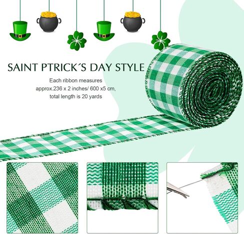 3 Rolls St. Patrick's Day Buffalo Plaid Ribbon Green and White Wired Edge Ribbon St. Patrick's Day Check Burlap Ribbon for Wrapping, Crafts Decoration, 2 Inch x 6.6 Yard (Green and White) in Saudi Arabia
