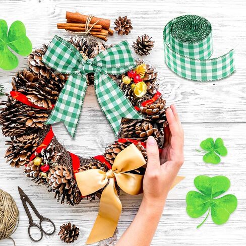 3 Rolls St. Patrick's Day Buffalo Plaid Ribbon Green and White Wired Edge Ribbon St. Patrick's Day Check Burlap Ribbon for Wrapping, Crafts Decoration, 2 Inch x 6.6 Yard (Green and White) in Saudi Arabia