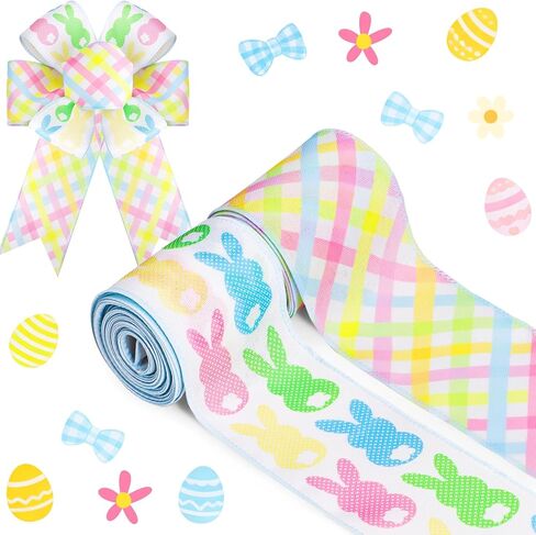 2 Rolls Easter Carrot and Pastel Plaids Wired Edge Ribbon, 12 Yards Carrot and Pastel Plaids Patterns Ribbons for Spring Easter Birthday Bow Wreath Making DIY Crafts (C) in Saudi Arabia
