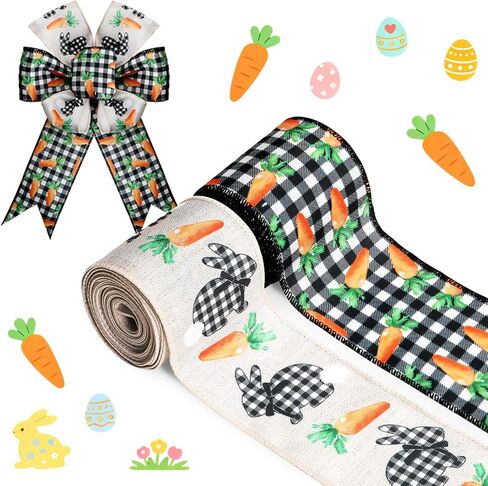 2 Rolls Easter Carrot and Pastel Plaids Wired Edge Ribbon, 12 Yards Carrot and Pastel Plaids Patterns Ribbons for Spring Easter Birthday Bow Wreath Making DIY Crafts (C) in Saudi Arabia