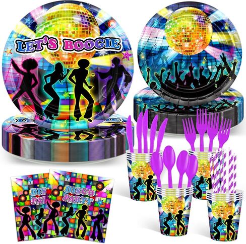 192 قطعة من أطباق ومناديل حفلات الديسكو من Avezano لوازم ديكورات حفلات السبعينات من Let's Boogie مجموعة أدوات مائدة للحفلات لحفلات أعياد الميلاد، تقدم 24 شخصًا in Saudi Arabia