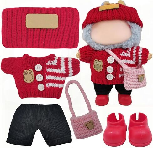 Clothes Set for 17cm Doll, Handcrafted Crochet 5 Piece Set Sweaters Hat Backpack Pants Shoes, Clothes Outfit Accessories for Dolls (No Doll) Purple in Saudi Arabia