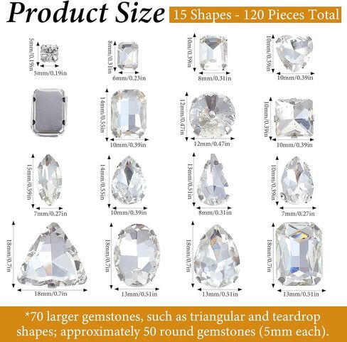 120 PCS White Bedazzling Sew on Rhinestones, Mixed Shapes Glass Rhinestones with Sewing Holes Sew on Crystal Gems Metal Claw Flatback for Crafting Clothes Shoes Hats Collars Bags Sewing Accessories in Saudi Arabia