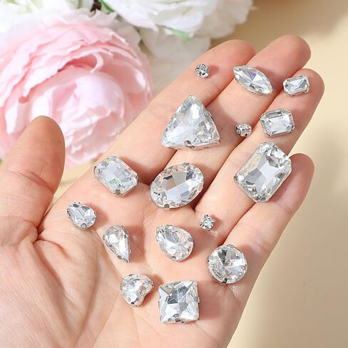 120 PCS White Bedazzling Sew on Rhinestones, Mixed Shapes Glass Rhinestones with Sewing Holes Sew on Crystal Gems Metal Claw Flatback for Crafting Clothes Shoes Hats Collars Bags Sewing Accessories in Saudi Arabia