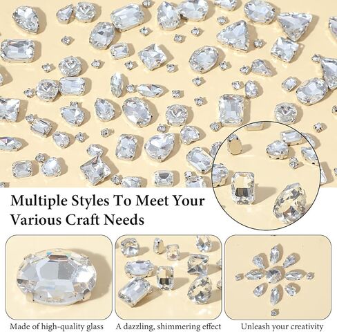 120 PCS White Bedazzling Sew on Rhinestones, Mixed Shapes Glass Rhinestones with Sewing Holes Sew on Crystal Gems Metal Claw Flatback for Crafting Clothes Shoes Hats Collars Bags Sewing Accessories in Saudi Arabia