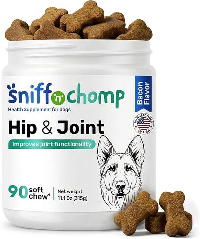 SNIFF 'N' CHOMP مكملات الورك والمفاصل للكلاب، نكهة لحم الخنزير المقدد، دعم المفاصل مع الجلوكوزامين للكلاب MSM الكركم أوميغا 3، سهل المضغ، كلب كبير ونشط | 90 مضغة ناعمة in Kuwait