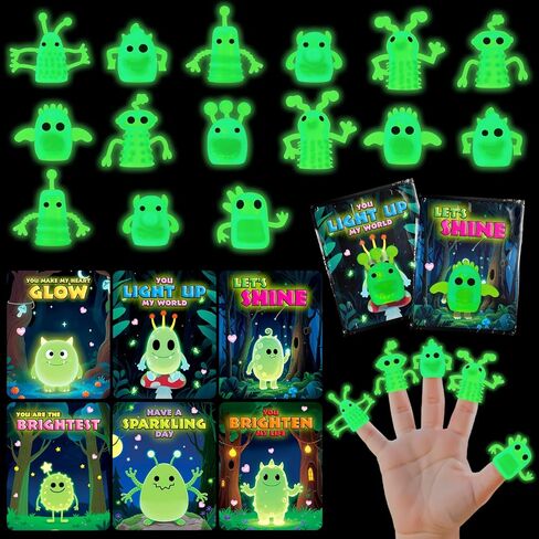 36 Packs Valentines Day Cards for Kids with Glow in The Dark Monster Finger Puppets, Valentines Day Gifts for Kids, Valentines Cards for School Classroom Exchange, Valentines Party Favors Prizes in Saudi Arabia