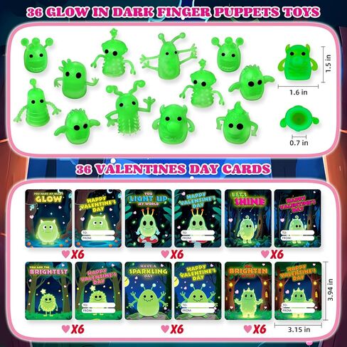 36 Packs Valentines Day Cards for Kids with Glow in The Dark Monster Finger Puppets, Valentines Day Gifts for Kids, Valentines Cards for School Classroom Exchange, Valentines Party Favors Prizes in Saudi Arabia