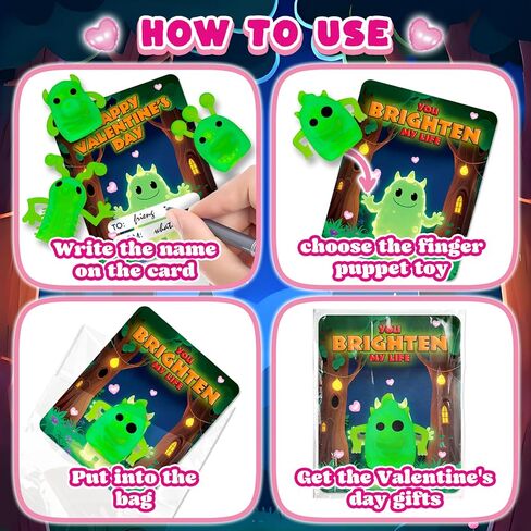 36 Packs Valentines Day Cards for Kids with Glow in The Dark Monster Finger Puppets, Valentines Day Gifts for Kids, Valentines Cards for School Classroom Exchange, Valentines Party Favors Prizes in Saudi Arabia