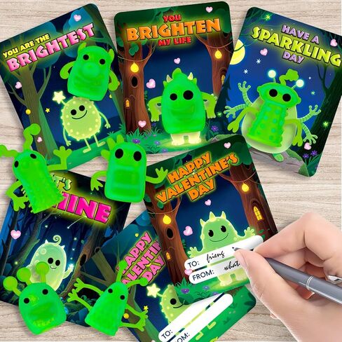36 Packs Valentines Day Cards for Kids with Glow in The Dark Monster Finger Puppets, Valentines Day Gifts for Kids, Valentines Cards for School Classroom Exchange, Valentines Party Favors Prizes in Saudi Arabia