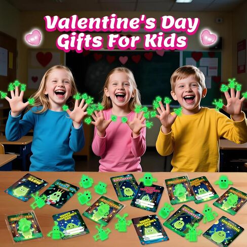 36 Packs Valentines Day Cards for Kids with Glow in The Dark Monster Finger Puppets, Valentines Day Gifts for Kids, Valentines Cards for School Classroom Exchange, Valentines Party Favors Prizes in Saudi Arabia