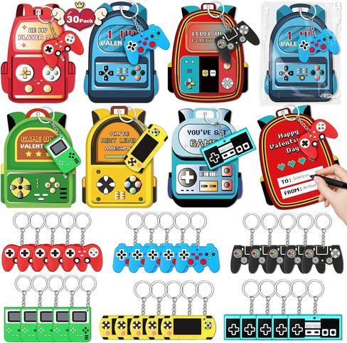 Valentines Day Cards for Kids School,30 Pack Video Games Keychains with Valentines Cards for Kids Classroom Exchange Gift Valentine's Day Gifts Party Favors Boys Girls Classroom Prizes Bulk in Saudi Arabia