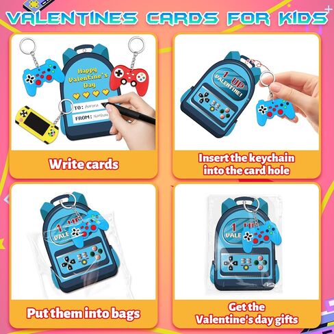Valentines Day Cards for Kids School,30 Pack Video Games Keychains with Valentines Cards for Kids Classroom Exchange Gift Valentine's Day Gifts Party Favors Boys Girls Classroom Prizes Bulk in Saudi Arabia