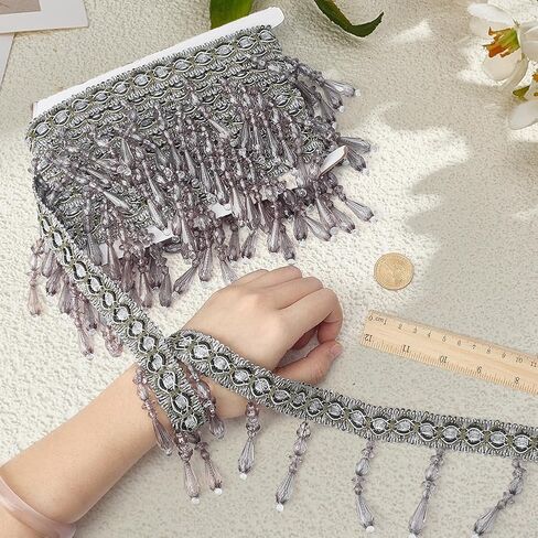 MAYJOYDIY 6.5 ياردة رمادي مطرز هامش تقليم 3.6 بوصة ديكور دمعة هامش تقليم البوليستر جديلة شرابة زركشة للستائر مفرش المائدة DIY الخياطة الحرف ديكور المنزل in Kuwait
