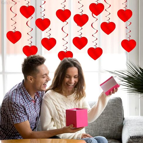 كاتشون، ديكورات قلب معلقة باللون الأحمر - عبوة من 18 قطعة، بدون DIY | زخارف على شكل قلب من رقائق الفويل الحمراء لتزيين عيد الحب للحفلات | زينة عيد الحب | زخرفة الذكرى السنوية السعيدة in Kuwait