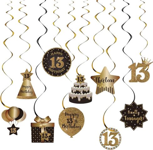 Happy 13th Birthday Party Hanging Swirls Streams Ceiling Decorations, Celebration 13 Foil Hanging Swirls with Cutouts for 13 Years Old Black and Gold Birthday Party Decorations Supplies in Saudi Arabia