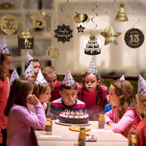Happy 13th Birthday Party Hanging Swirls Streams Ceiling Decorations, Celebration 13 Foil Hanging Swirls with Cutouts for 13 Years Old Black and Gold Birthday Party Decorations Supplies in Saudi Arabia