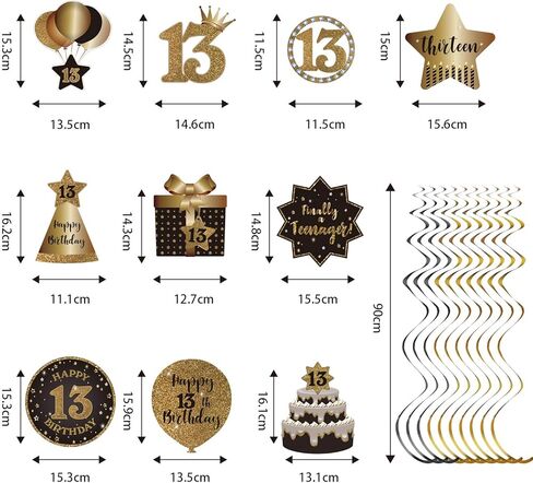 Happy 13th Birthday Party Hanging Swirls Streams Ceiling Decorations, Celebration 13 Foil Hanging Swirls with Cutouts for 13 Years Old Black and Gold Birthday Party Decorations Supplies in Saudi Arabia