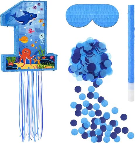 Ocean Themed 16 Inch Number 1 Piñata Set with Bat Blindfold Confetti, Blue Under The Sea Number 1 Piñata Birthday Party Decorations Hawaii Beach 1st Anniversary Celebration Supplies in Saudi Arabia