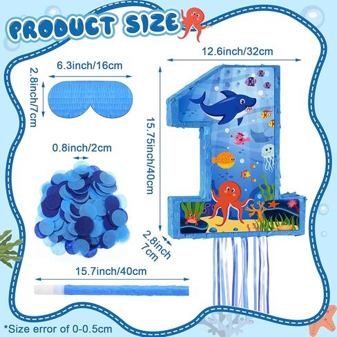 Ocean Themed 16 Inch Number 1 Piñata Set with Bat Blindfold Confetti, Blue Under The Sea Number 1 Piñata Birthday Party Decorations Hawaii Beach 1st Anniversary Celebration Supplies in Saudi Arabia