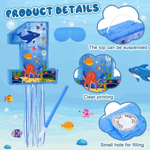 Ocean Themed 16 Inch Number 1 Piñata Set with Bat Blindfold Confetti, Blue Under The Sea Number 1 Piñata Birthday Party Decorations Hawaii Beach 1st Anniversary Celebration Supplies in Saudi Arabia