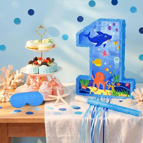 Ocean Themed 16 Inch Number 1 Piñata Set with Bat Blindfold Confetti, Blue Under The Sea Number 1 Piñata Birthday Party Decorations Hawaii Beach 1st Anniversary Celebration Supplies in Saudi Arabia