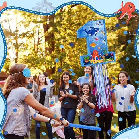 Ocean Themed 16 Inch Number 1 Piñata Set with Bat Blindfold Confetti, Blue Under The Sea Number 1 Piñata Birthday Party Decorations Hawaii Beach 1st Anniversary Celebration Supplies in Saudi Arabia