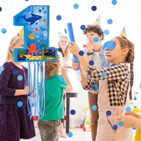 Ocean Themed 16 Inch Number 1 Piñata Set with Bat Blindfold Confetti, Blue Under The Sea Number 1 Piñata Birthday Party Decorations Hawaii Beach 1st Anniversary Celebration Supplies in Saudi Arabia