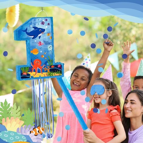 Ocean Themed 16 Inch Number 1 Piñata Set with Bat Blindfold Confetti, Blue Under The Sea Number 1 Piñata Birthday Party Decorations Hawaii Beach 1st Anniversary Celebration Supplies in Saudi Arabia