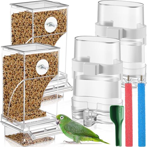 Novabright 7 Pcs No Mess Bird Feeder Water Dispenser Set Include Automatic Parakeet Feeder and Drinker with Bird Paw Grinding Stick Cage Accessories for Small Medium Cockatiel Lovebird(Classic,Clear) in Kuwait