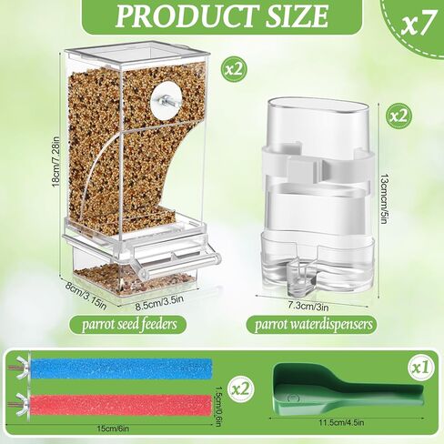 Novabright 7 Pcs No Mess Bird Feeder Water Dispenser Set Include Automatic Parakeet Feeder and Drinker with Bird Paw Grinding Stick Cage Accessories for Small Medium Cockatiel Lovebird(Classic,Clear) in Kuwait