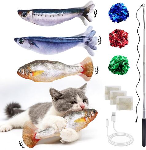 3PCS Interactive Cat Toy Floppy Fish Cat Toy with Crinkle Paper & Fishing Pole, Moving Cat Toys for Indoor Cats Boredom Relief, Rechargeable Automatic Touch-Activated Toys for Interactive Fun in Saudi Arabia