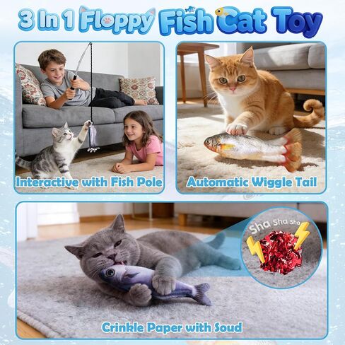 3PCS Interactive Cat Toy Floppy Fish Cat Toy with Crinkle Paper & Fishing Pole, Moving Cat Toys for Indoor Cats Boredom Relief, Rechargeable Automatic Touch-Activated Toys for Interactive Fun in Saudi Arabia
