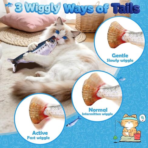 3PCS Interactive Cat Toy Floppy Fish Cat Toy with Crinkle Paper & Fishing Pole, Moving Cat Toys for Indoor Cats Boredom Relief, Rechargeable Automatic Touch-Activated Toys for Interactive Fun in Saudi Arabia