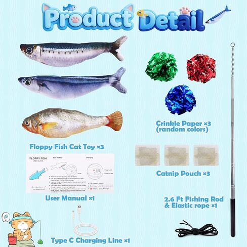 3PCS Interactive Cat Toy Floppy Fish Cat Toy with Crinkle Paper & Fishing Pole, Moving Cat Toys for Indoor Cats Boredom Relief, Rechargeable Automatic Touch-Activated Toys for Interactive Fun in Saudi Arabia