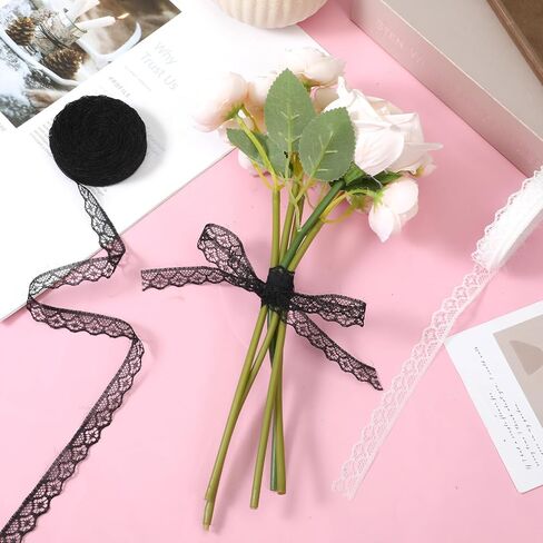 White Lace Ribbon Roll, 30 Yards 0.5 Inch Lace Trim Black & White Floral Hollow Edge Crochet Sewing Laces Ribbons for Crafts, Bouquet Gift Wrapping, Wedding Dress Decoration, DIY Sewing in Saudi Arabia