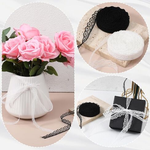 White Lace Ribbon Roll, 30 Yards 0.5 Inch Lace Trim Black & White Floral Hollow Edge Crochet Sewing Laces Ribbons for Crafts, Bouquet Gift Wrapping, Wedding Dress Decoration, DIY Sewing in Saudi Arabia