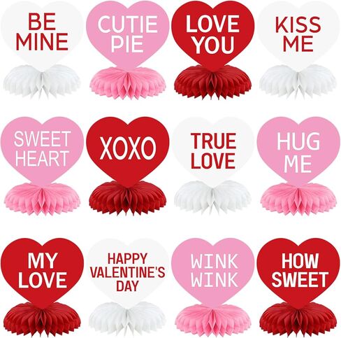 12 Pcs Valentine's Day Honeycomb Centerpieces Valentines Decorations 3D Paper Valentine Heart Honeycomb Valentine Conversation Hearts Decorations for Valentine's Day Party Table Decor (Sweet) in Saudi Arabia