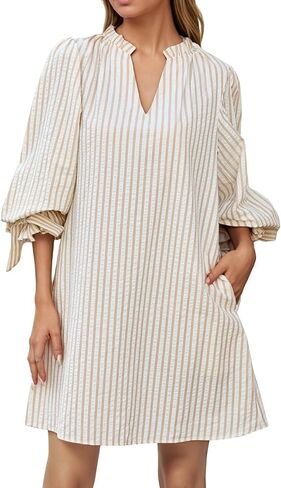 Striped Dress for Women V Neck 3/4 Bow Puff Sleeve Summer A Line Flowy Shirt Dress with Pockets in Saudi Arabia
