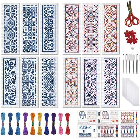 freebloss 12pcs عبر غرزة المرجعية عدة للمبتدئين الكبار النمط التقليدي مختوم التطريز المرجعية مجموعات الإشارات المرجعية الحرفية مع تعليمات 11CT 8''x2.4'' in Saudi Arabia