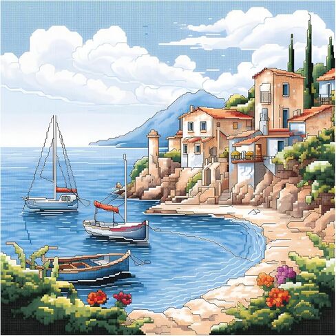 51buyoutgo 11CT Stamped Cross Stitch Kits for Adults - 16x16 IN Beginner Embroidery Kit with Funny Washable Bay Landscape Pattern, Pre Printed Fabric, Fit for DIY Home Decor, Mom Gifts & Stress Relief in Kuwait