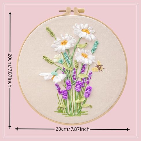 طقم تطريز شريط ساربوتر، تصميم زهور ثلاثي الأبعاد مع إطار، فن تطريز DIY لديكور المنزل (زهور وردية بيضاء) in Saudi Arabia