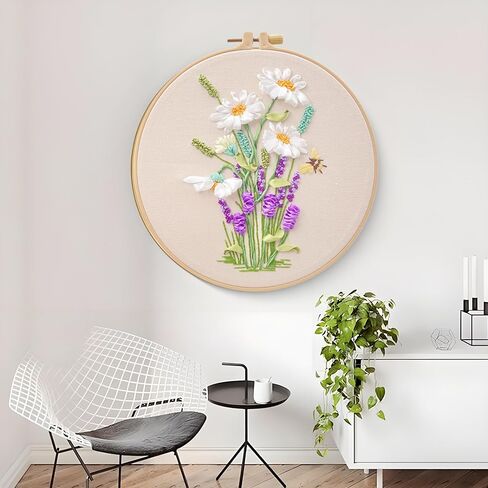 طقم تطريز شريط ساربوتر، تصميم زهور ثلاثي الأبعاد مع إطار، فن تطريز DIY لديكور المنزل (زهور وردية بيضاء) in Saudi Arabia