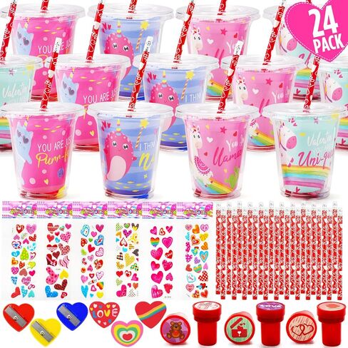 Valentines Day Gifts for Kids - 24 Pack Valentines Day Stationery Gift with Cards Pencils Stickers Erasers Stampers Sharpener Cups Classroom Prize School Exchange Boys Girls Party Favors in Saudi Arabia