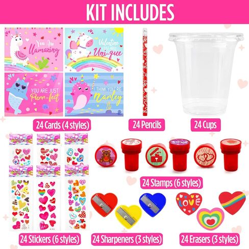 Valentines Day Gifts for Kids - 24 Pack Valentines Day Stationery Gift with Cards Pencils Stickers Erasers Stampers Sharpener Cups Classroom Prize School Exchange Boys Girls Party Favors in Saudi Arabia