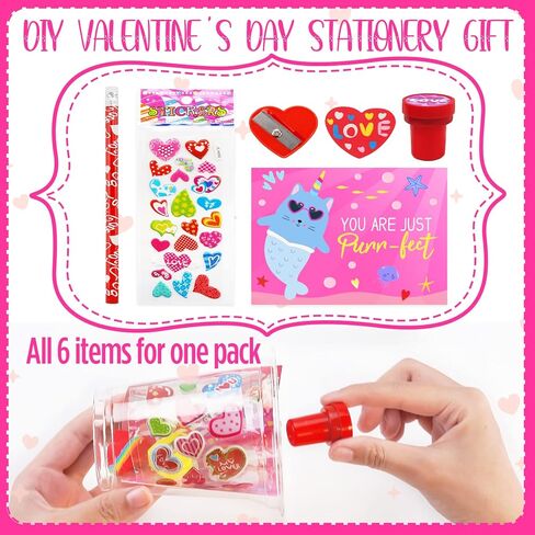 Valentines Day Gifts for Kids - 24 Pack Valentines Day Stationery Gift with Cards Pencils Stickers Erasers Stampers Sharpener Cups Classroom Prize School Exchange Boys Girls Party Favors in Saudi Arabia
