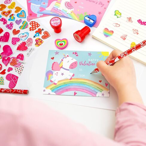 Valentines Day Gifts for Kids - 24 Pack Valentines Day Stationery Gift with Cards Pencils Stickers Erasers Stampers Sharpener Cups Classroom Prize School Exchange Boys Girls Party Favors in Saudi Arabia