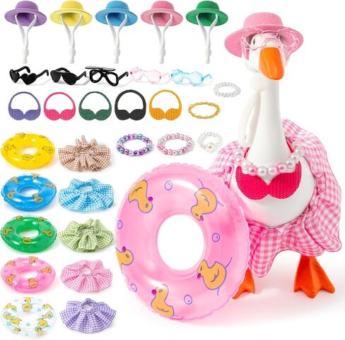 30Pcs Desk Goose Outfits 7inch Mini Goose Summer Colorful Clothes with Dress Bikini Swimming Rings Sunglasses Hats, Small Desk Duck Accessory for Magnetic Funny Geese Outdoor Statue Decor in Kuwait